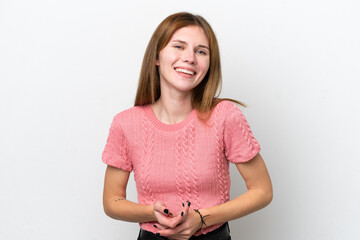 Fototapeta premium Young English woman isolated on white background laughing