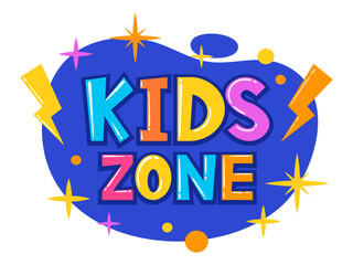 Game zone poster. Cartoon kids playroom, baby entertainment party club and children game zone sticker flat vector illustration on white background