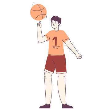 Basketball player carrying huge ball. Sportsman wearing professional sport uniform flat vector illustration on white background