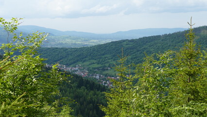 Piękny widok na zabudowania w dolinie g&oacute;rskiej Beskid Żywiecki