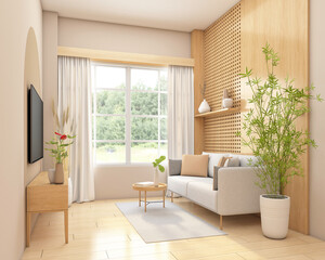 Japandi style living room decorated with minimalist sofa and tv cabinet.3d rendering