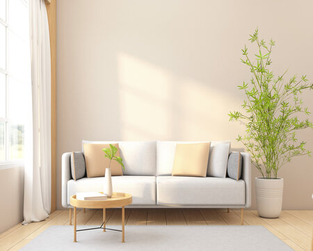 Minimalist style living room decorated with sofa and side table.3d rendering