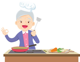 elderly woman chef present cooking in the kitchen