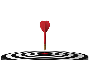 Red dart hit to center of dartboard. Arrow on bullseye in target. Business success, learning goal, objective challenge, purpose strategy, achievement focus concept. 3d realistic illustration