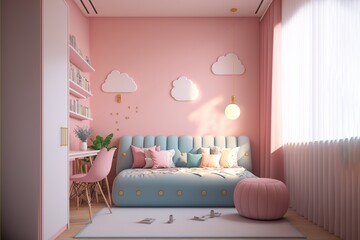 children’s bedroom,bed, long sofa-chair, sofa long, study table, pink pastel wall , natural lighting