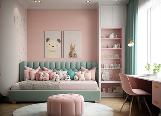 children’s bedroom,bed, long sofa-chair, sofa long, study table, pink pastel wall , natural lighting