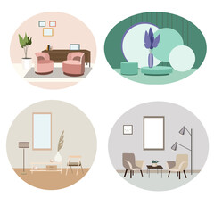 Set of interior design house rooms with furniture, vector illustration