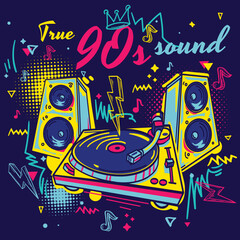 True 90s sound - drawn turntable with speakers, colorful funky music design