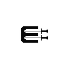 E letter combination with swords, negative space. Logo design.