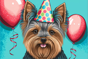 Yorkshire terrier with birthday hat and balloons. Generative AI.