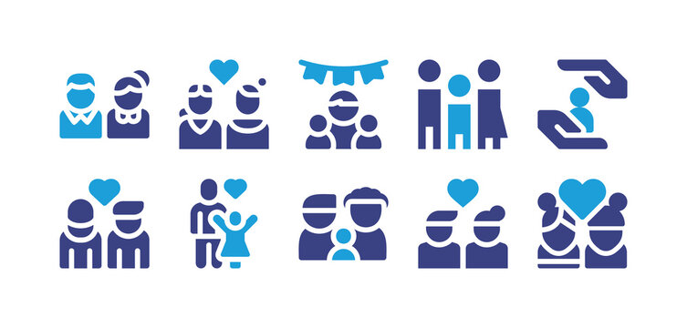 Family icon set. Vector illustration. Containing parents, couple, dad, human, protect, love, single, family