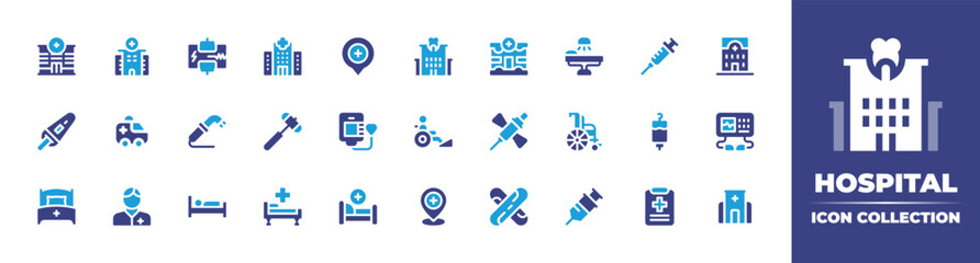 Hospital icon collection. Vector illustration. Containing hospital, defibrillator, surgery room, injection, glucose meter, ambulance, suction, reflex hammer, blood donation, ramp, butterfly, and more. - obrazy, fototapety, plakaty