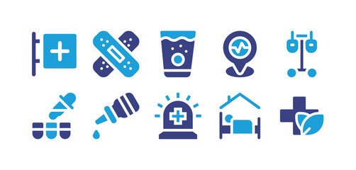 Hospital icon set. Vector illustration. Containing pharmacy, band aid, medicine, medical assistance, stretcher, test, oral vaccine, hooter, shelter, alternative medicine