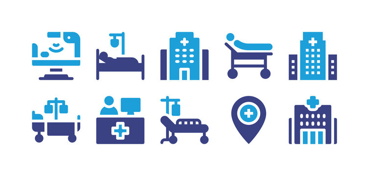Hospital icon set. Vector illustration. Containing ultrasound, hospital, hospital bed, reception, placeholder