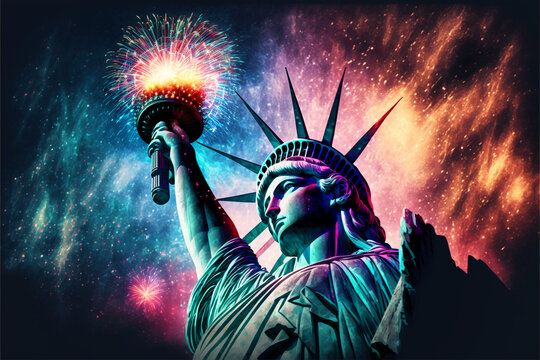 Happy 4th of July with the statue of liberty. Fireworks. Generative AI.