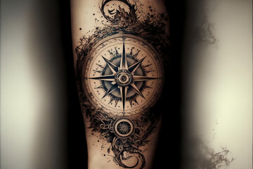 Compass tattoo. Possible design or ideas to tattoo on men or women. Generative AI.