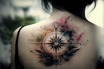 Compass tattoo. Possible design or ideas to tattoo on men or women. Generative AI.