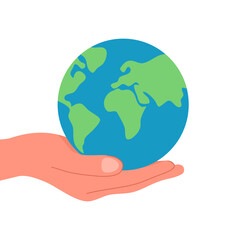 Hand holding earth globe in flat design on white background.