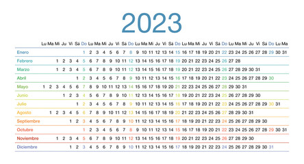 Calendar for 2023 in Spanish language. The week starts on Monday.