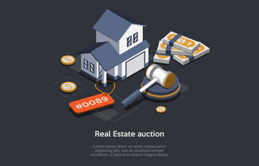 Concept Of Real Estate Auction. Auction Bids Scene With Auctioneer Making Sales Announcements Of House With Garage. Residential And Commercial Property Remodeling. Isometric 3d Vector Illustration