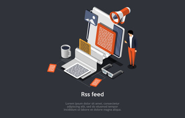 RSS, RDF Site Summary or Really Simple Syndication, Web Feed Allows Users and Applications To Access Updates to Websites In a Standardized, Computer-Readable Format. Isometric 3d Vector Illustration