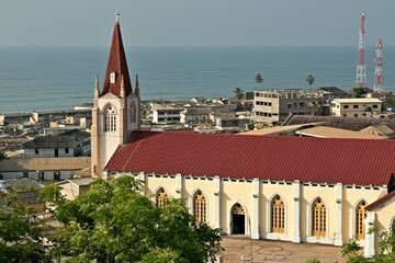 View of Saint Francis de Sales Cathedral from Fort William Lighthouse in Cape Coast city. Ghana....