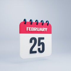 February Realistic Calendar Icon 3D Illustration Date February 25