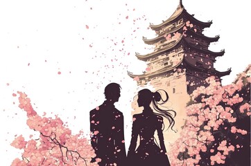 Fototapeta premium illustration of lovely couple with ancient Asian castle as background in spring time