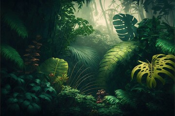 Naklejka na ściany i meble Tropical jungle desktop wallpaper calming background, illustration