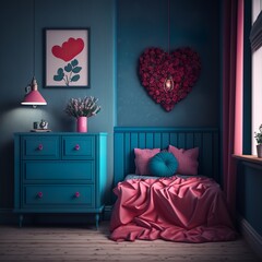 interior of a room with red heart girl room, cute and blue wall
