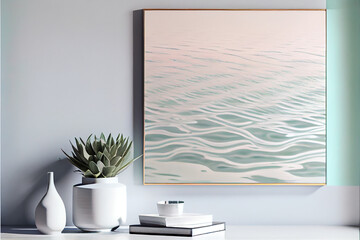 Modern painting hanging on pastel color wall in room