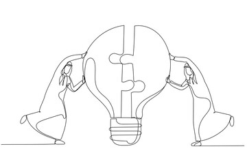 Illustration of arab businessman team members partner connect lightbulb jigsaw puzzle together. Teamwork or partnership. Single line art style
