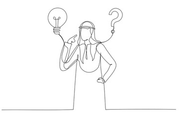 Illustration of arab businessman think of solution to solve problem with lightbulb and question mark. Solution to solve problem. Single line art style