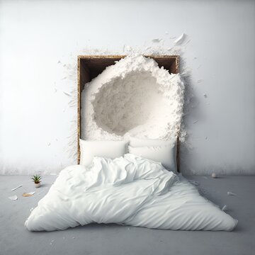 shredded coconut wall in the room with white pillows and blanket 