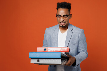 Young nervous employee business man corporate lawyer wear classic formal grey suit shirt glasses...