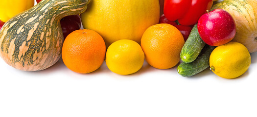 Fruits and vegetables isolated on white . Wide photo. Free space for text.