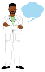 A male doctor crossing arms, white background with speech balloon