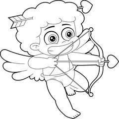 Outlined Confused Cupid Baby Cartoon Character With Bow And Arrow Flying. Vector Hand Drawn Illustration Isolated On Transparent Background