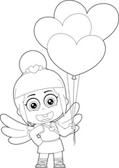 Outlined Female Chibi Cupid Baby Cartoon Character With Heart Balloons. Vector Hand Drawn Illustration Isolated On Transparent Background