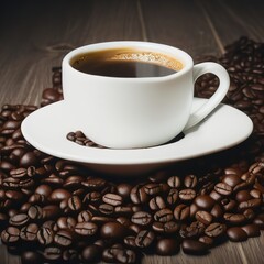 Hot coffee on a wooden background. A cup of hot coffee and coffee ingredients on a wooden background.