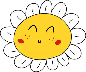 Smiling chamomile flower with closed eyes, freckles and blush. Cute cartoon daisy - girl. Children's illustration. Vector illustration