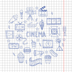 Hand drawn set of movie related icons such as video camera, microphone, and more. Vector illustration, doodle style.
