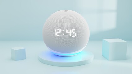 Voice controlled speaker with activated voice recognition on podium white and blue background.