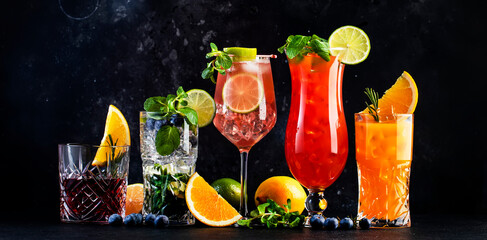 Trendy summer cocktails set: negroni, blueberry mojito, screwdriver, hurricane and french mule on...