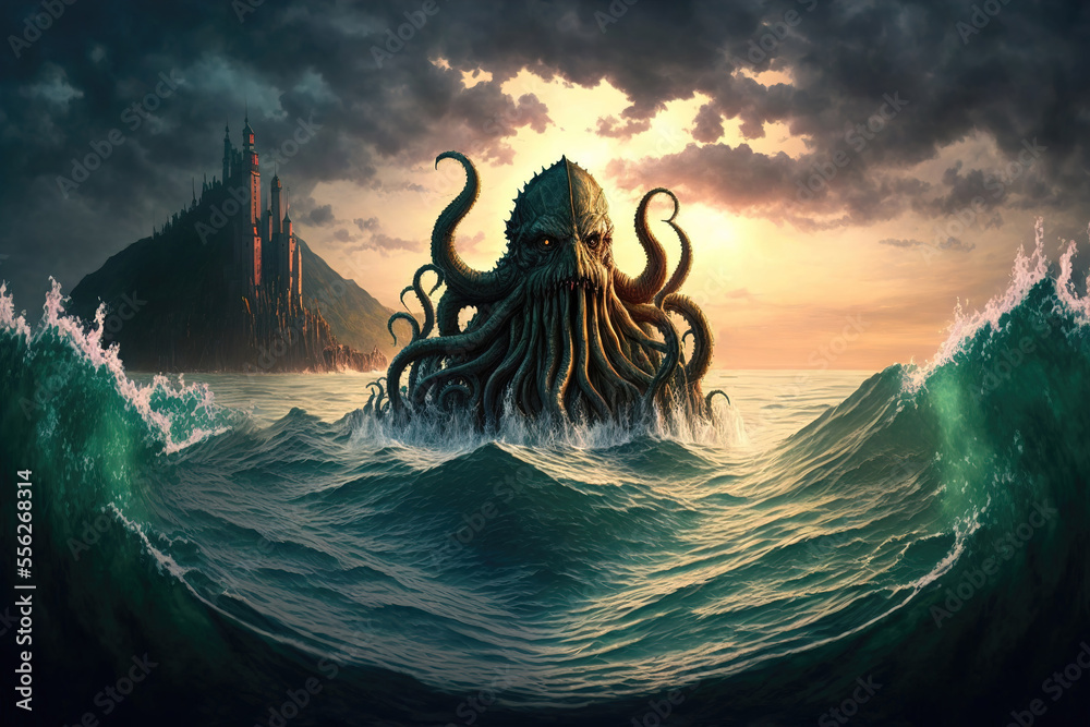 Wall mural Mysterious monster Cthulhu in the sea, huge tentacles sticking out of the water, landscape. 3d illustration - Wall murals