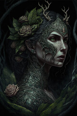 dark fantasy, lone elf, dark forest, horror, demons, art illustration
