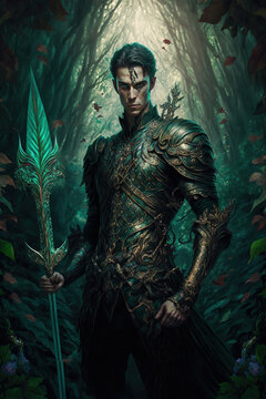 dark fantasy, lone elf, dark forest, horror, demons, art illustration