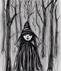 Witch in the Forest Sketch created with Generative AI Technology