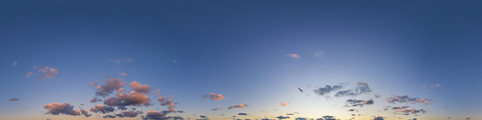Dark blue twilight sky panorama with Cumulus clouds. Seamless hdr 360 panorama in spherical...