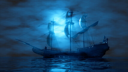 pirate ship sailing in the fog in blue lighting